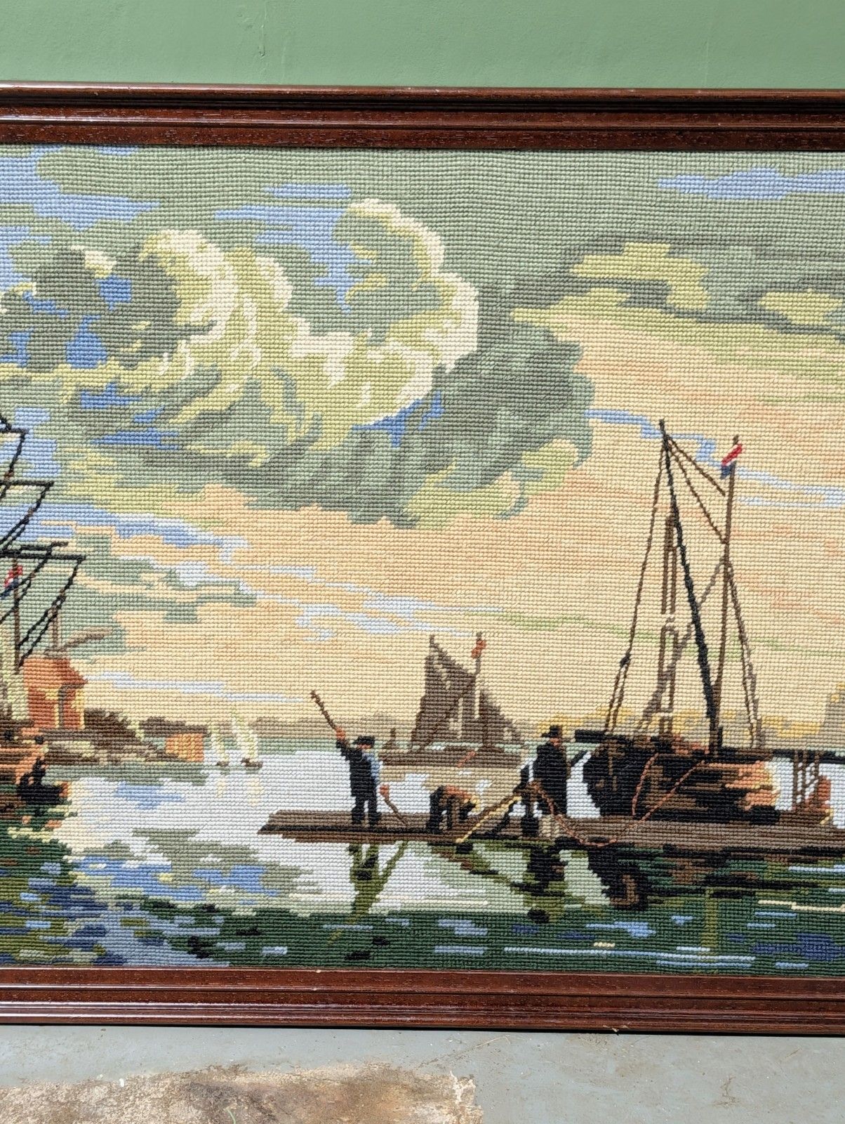 Large French Cross Stitch Tapestry Framed Aelbert Cuyp Boats In The Harbour. photo 60.0