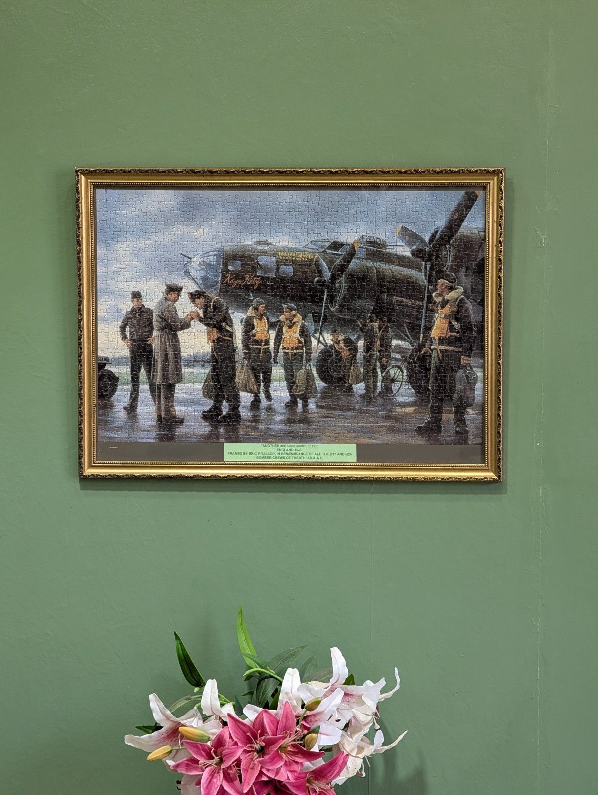 Vintage B24 Raf Artwork Framed Picture Jigsaw Gold Guilt War Aeroplane Bomber