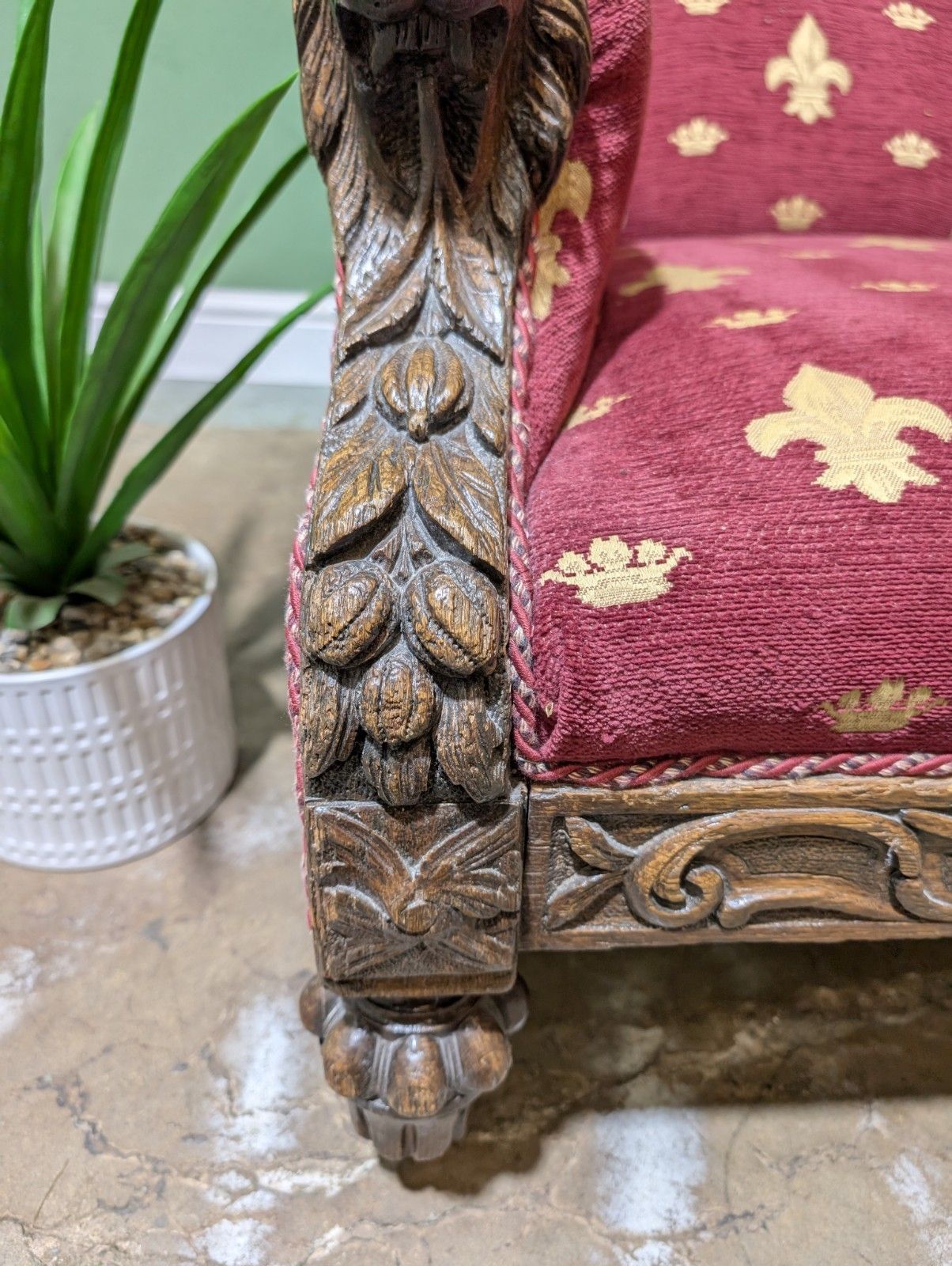 Antique Victorian Oak Carved Armchair With Lions Head Fleur De Lis Fabric photo Furniture