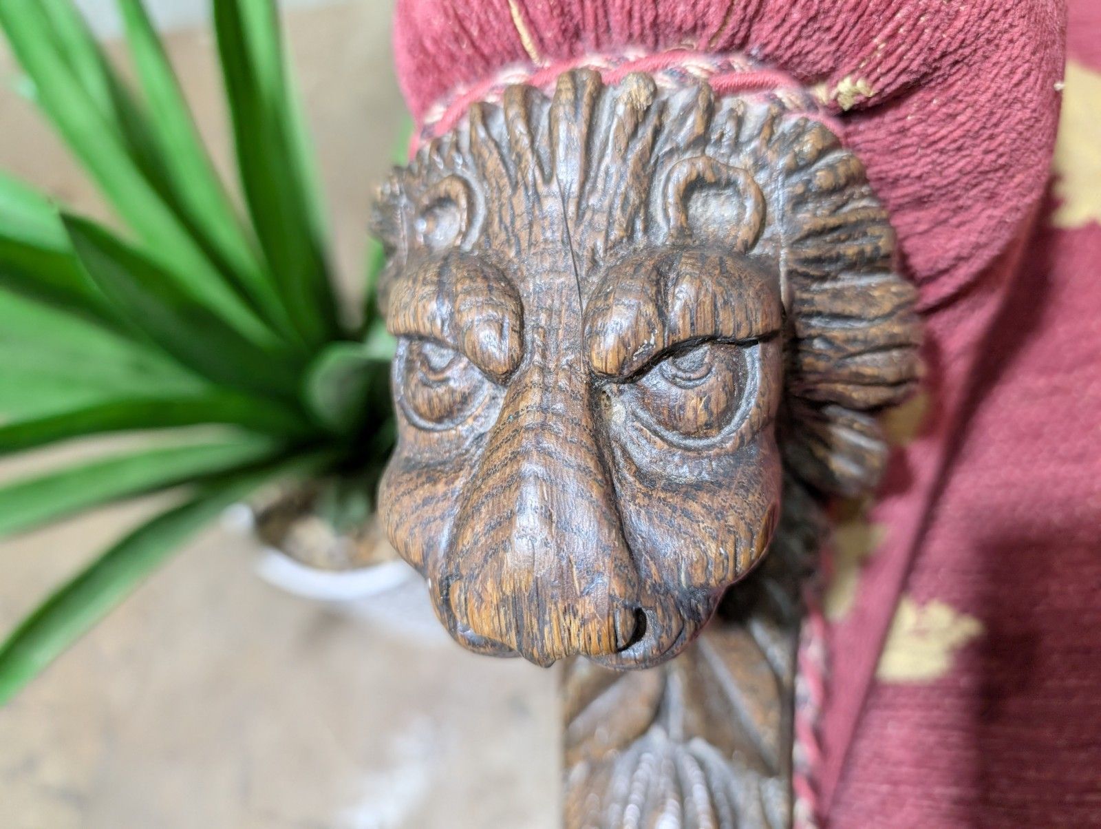 Antique Victorian Oak Carved Armchair With Lions Head Fleur De Lis Fabric photo 845.0