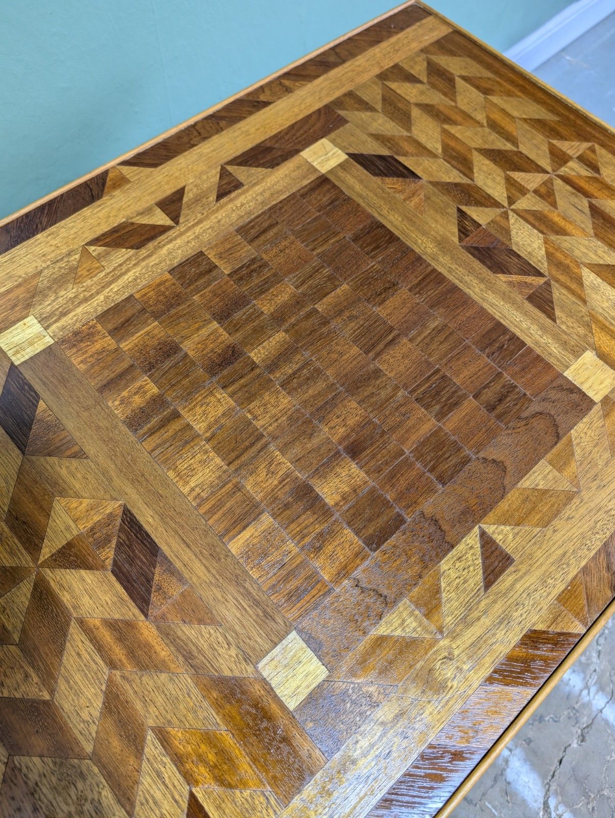 Furniture Vintage Wooden Chessboard Table Inlaid Carpenters Piece Bespoke Mid Century photo
