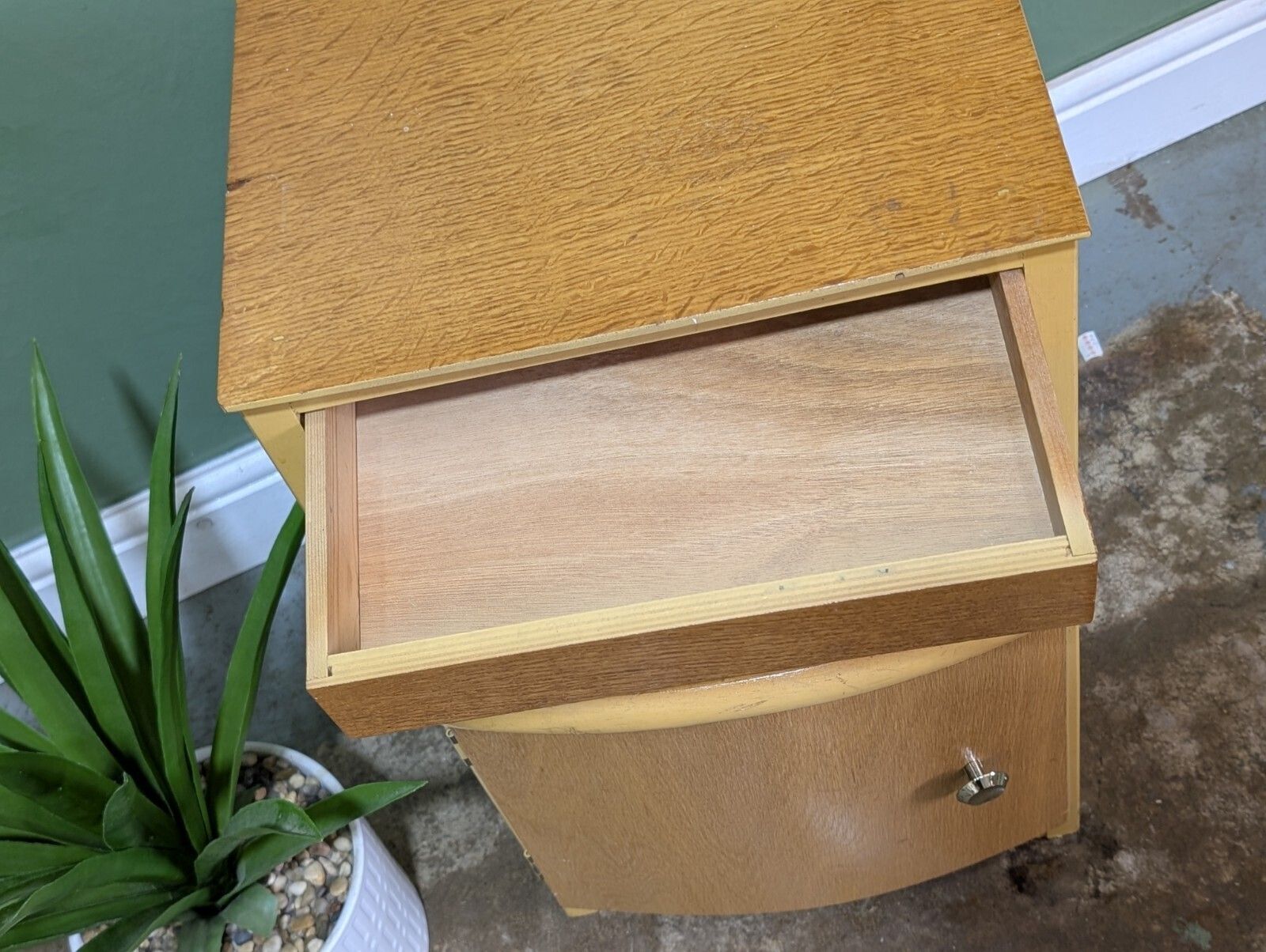 Vintage Oak Veneer Bedside Table Single Cabinet Nightstand Mid Century Drawer photo vintage
