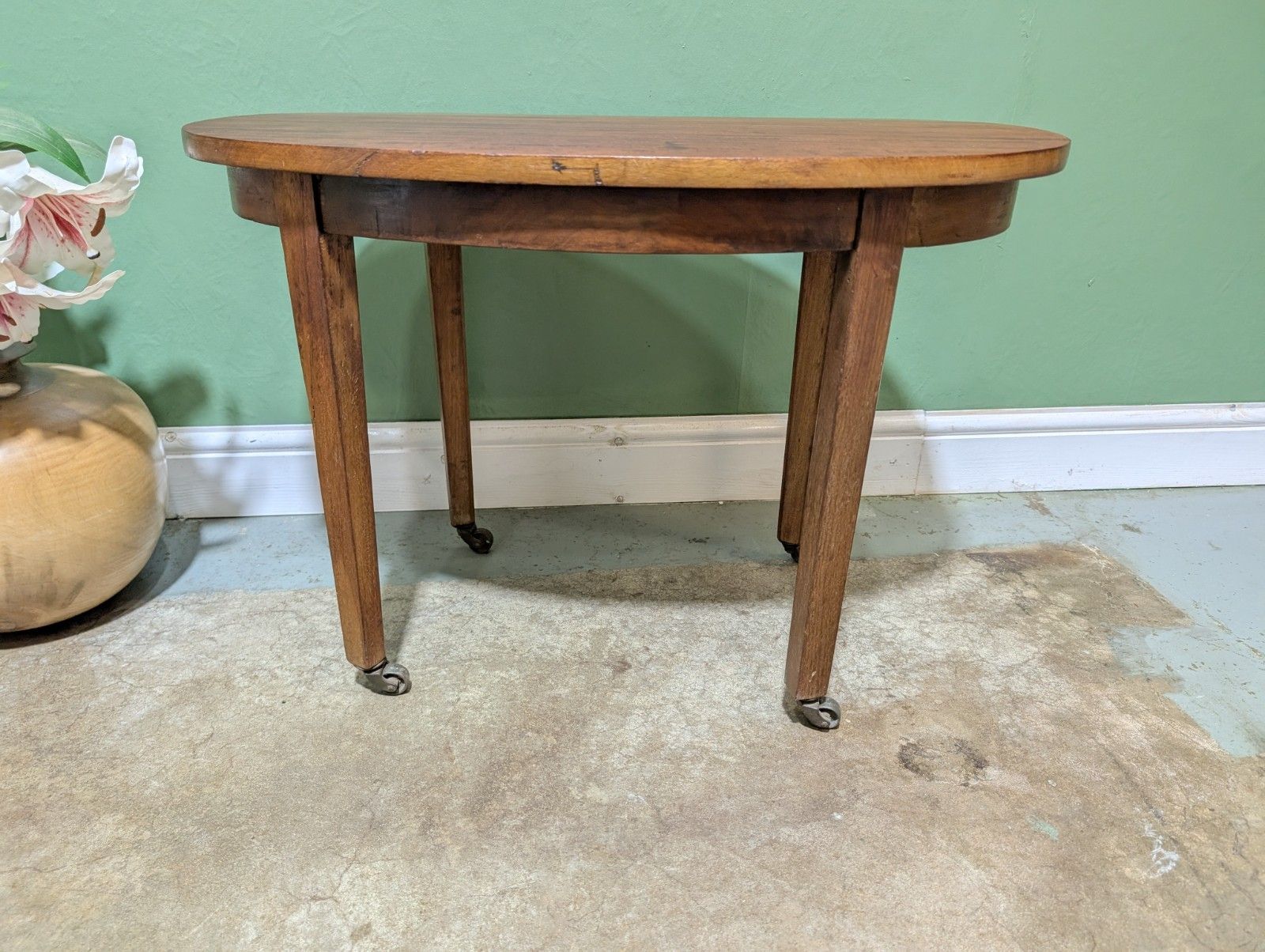 Antique Mahogany Oval Top Side Table On Brass Castors Wine End Plant Stand. photo vinterior