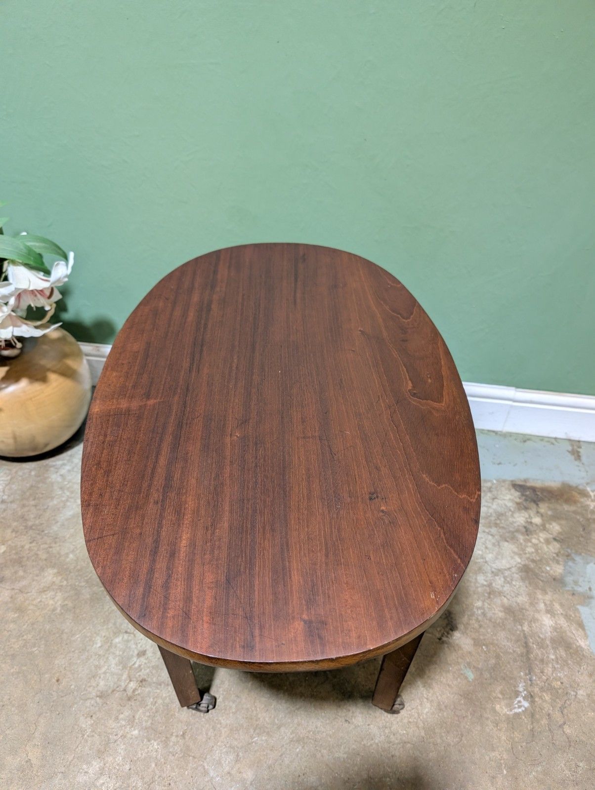 Furniture Antique Mahogany Oval Top Side Table On Brass Castors Wine End Plant Stand. photo