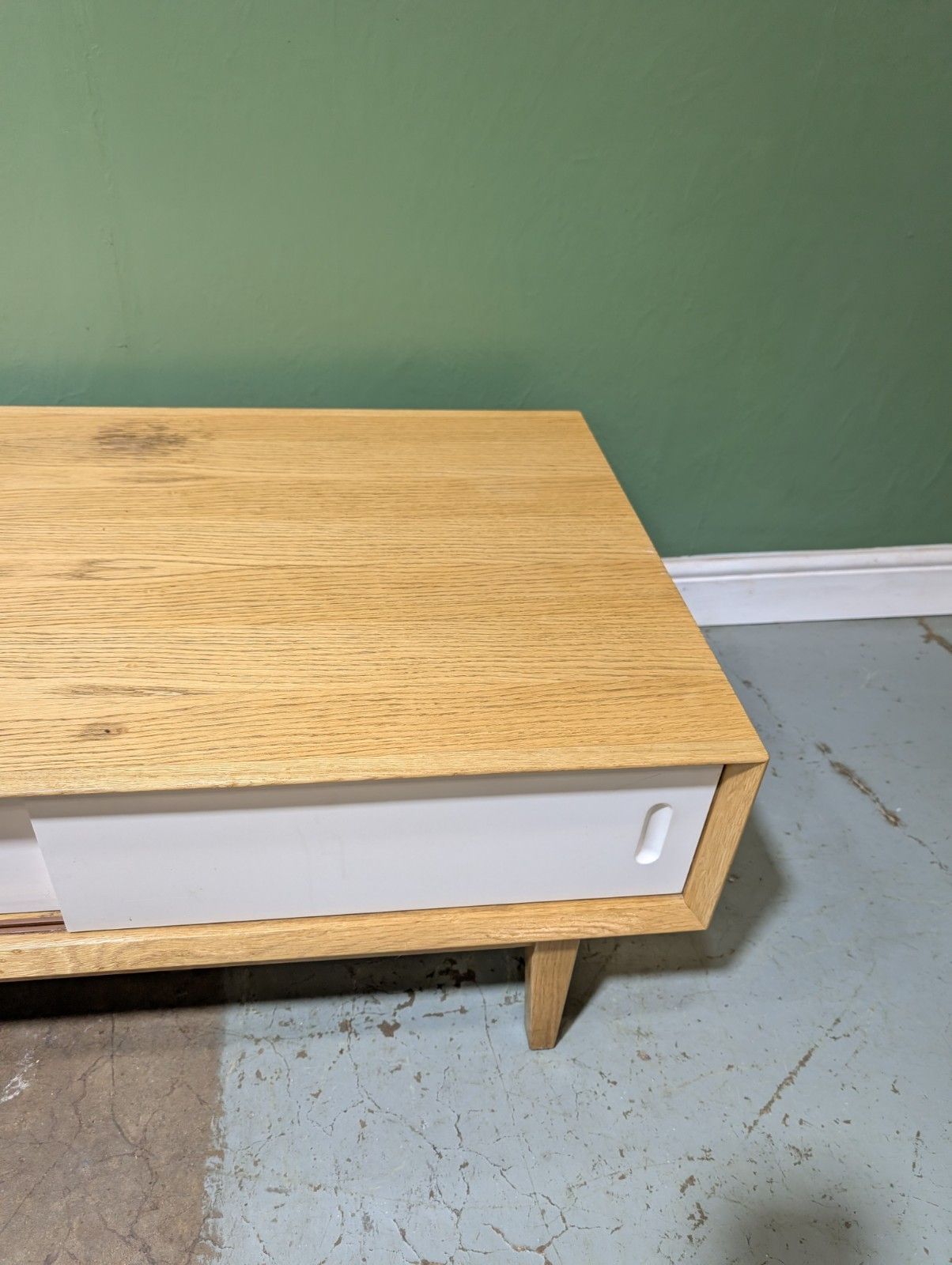 Contemporary Modern Oak Coffee Table Mid Century Danish Style Storage White Door photo vinterior