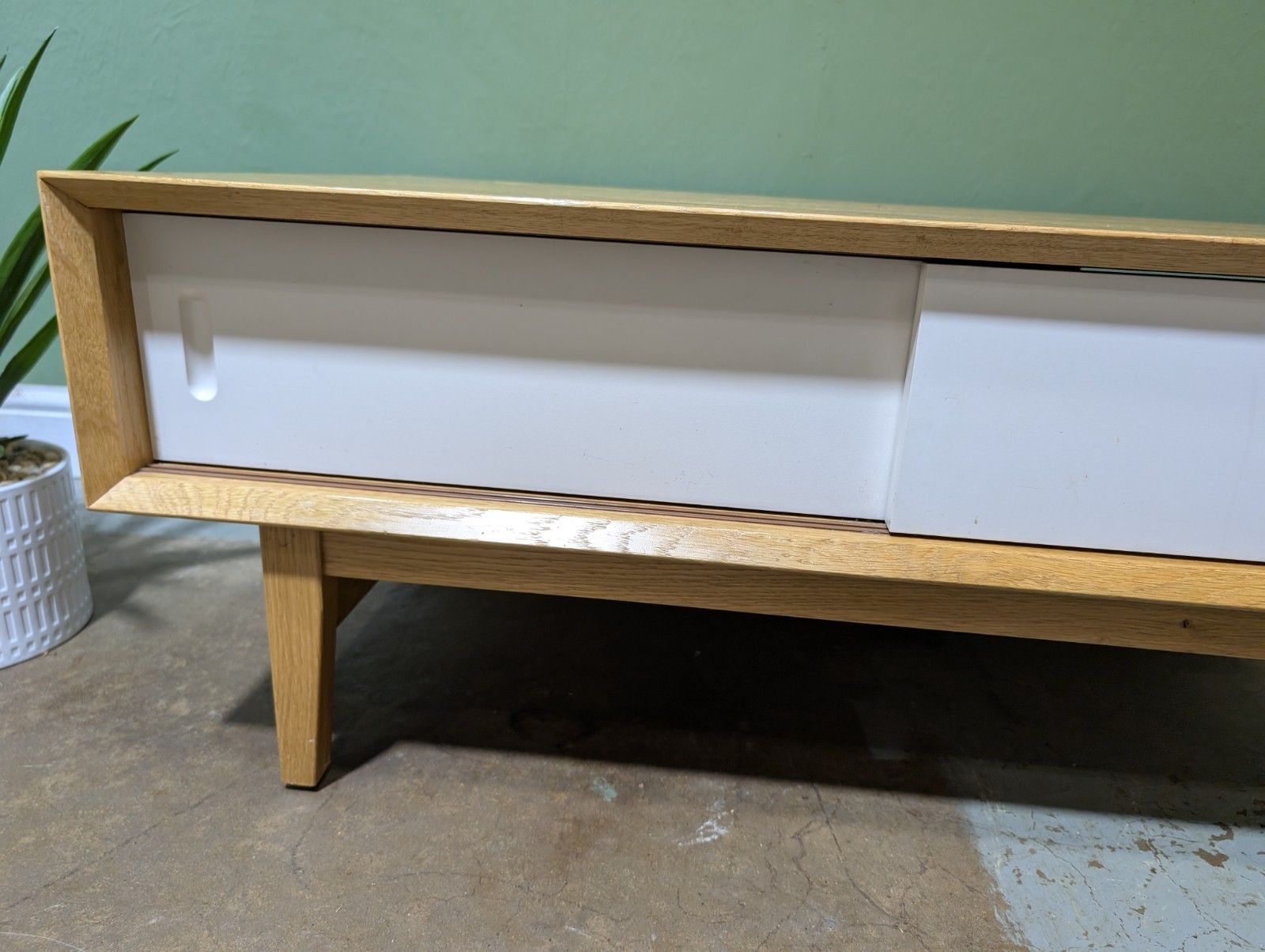 photo for sale Contemporary Modern Oak Coffee Table Mid Century Danish Style Storage White Door