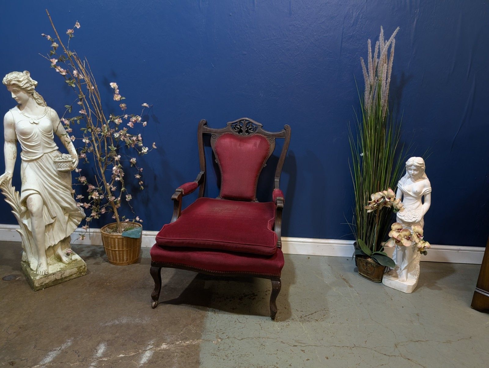 Antique Victorian Upholstered Armchair Red Velvet Throne Mahogany.
