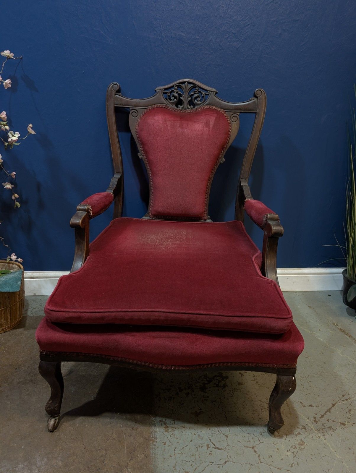 Antique Victorian Upholstered Armchair Red Velvet Throne Mahogany. photo for sale