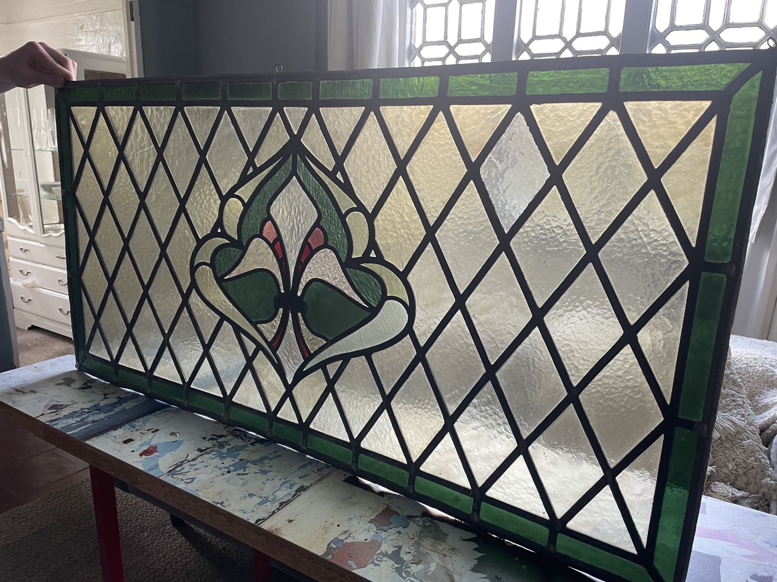 Substantial Victorian Stained Glass Window Panel Strongly Geometric With A Stylised Foliate / Fleur De Lis Central Motif. Emerald Green Glass. photo Home Fixtures