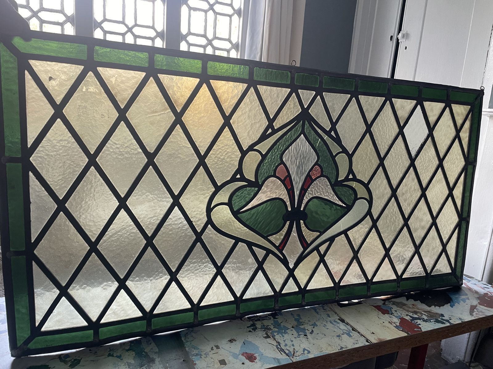 Substantial Victorian Stained Glass Window Panel Strongly Geometric With A Stylised Foliate / Fleur De Lis Central Motif. Emerald Green Glass. photo 1850.0