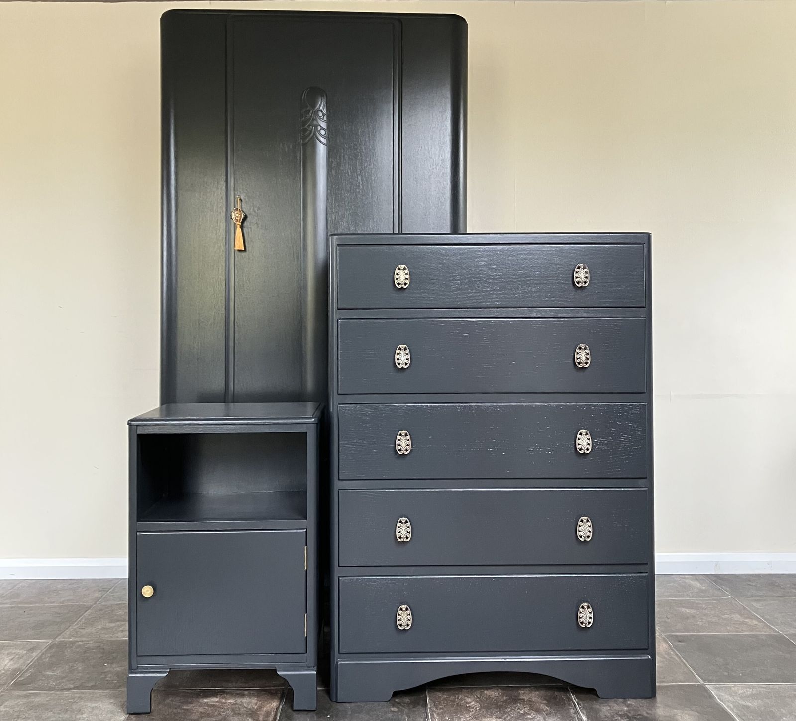 Painted 1940's Mid Century Lebus Bedside And Wardrobe Set With Cws Chest Of Drawers; Farrow And Ball Off Black