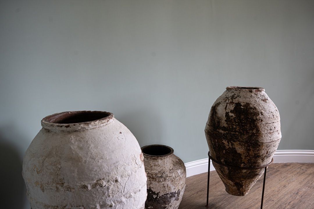 Set Of Large Antique Turkish Pots On Iron Stands photo vinterior
