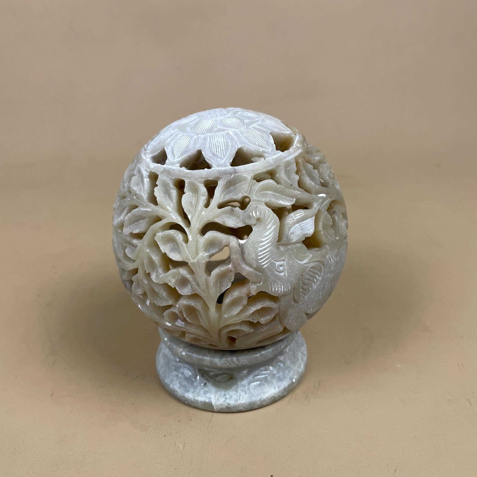 Antique Indian Candle Holder Ornate Vintage Lantern Tea Light India Candlestick Pattern Traditional Handmade Carved Cut Out Soap Stone Ball photo for sale