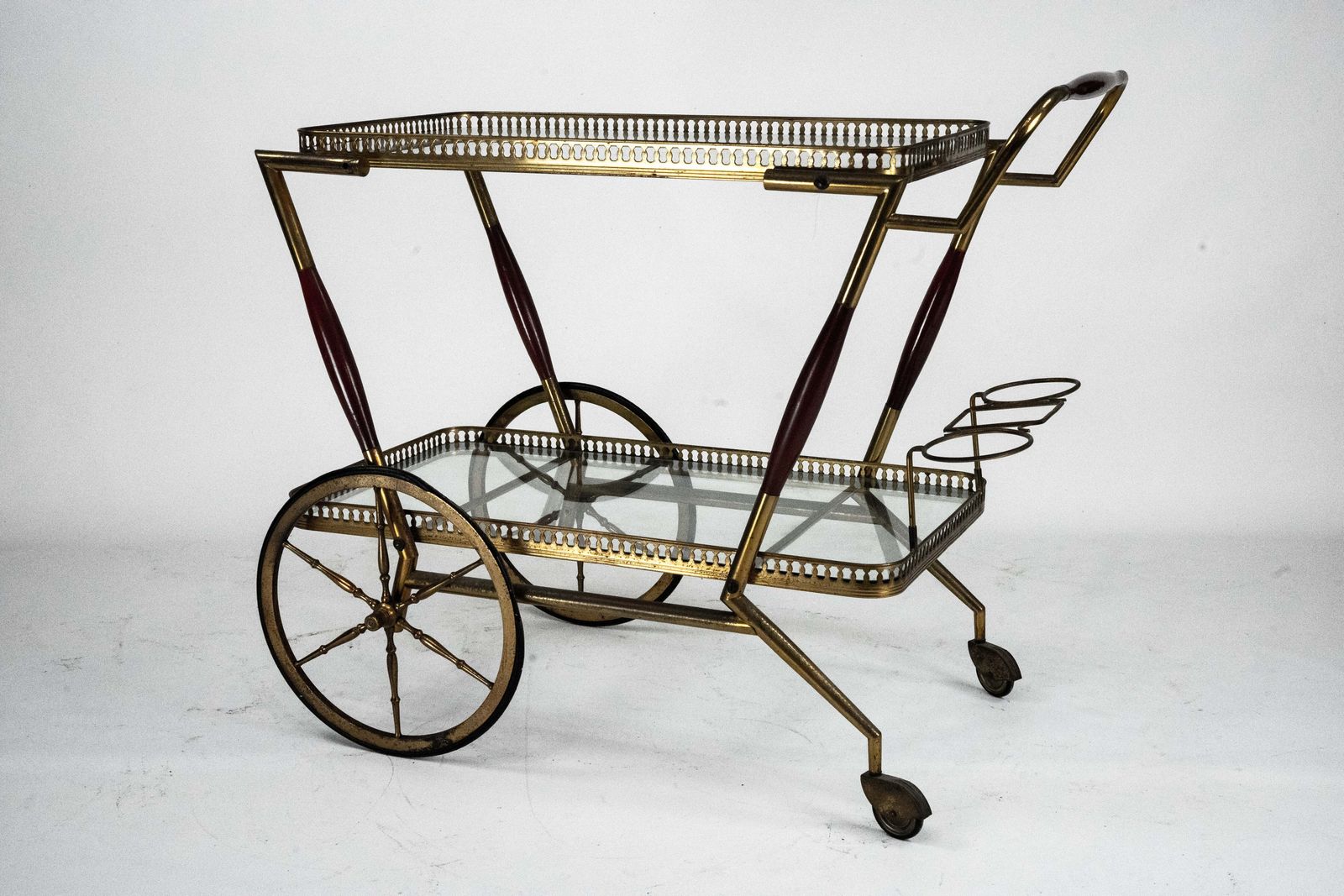 Mid Century Italian Brass And Glass Bar Cart By Cesare Lacca. Italy 1950s photo for sale