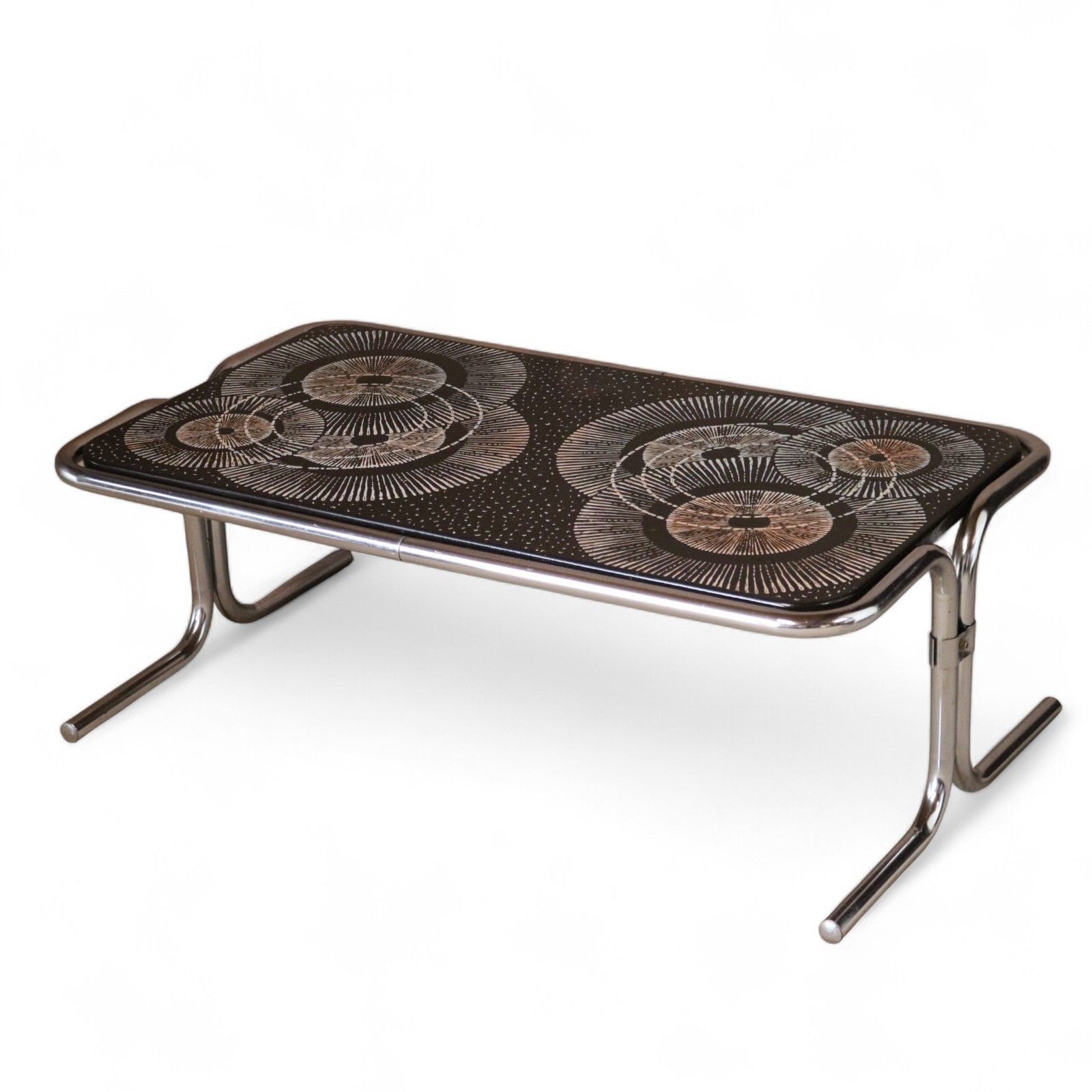 photo for sale Mid Century 1970s Tubular Chrome Coffee Table Retro Space Age Sunburst Top