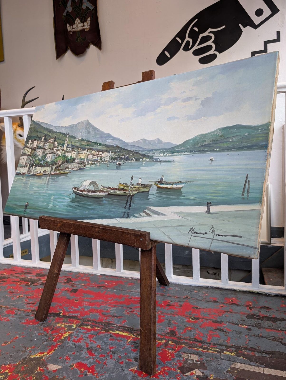 Large Scale Mid 20th Century Italian Oil On Canvas 'Lake Como' By Mariano Moreno.