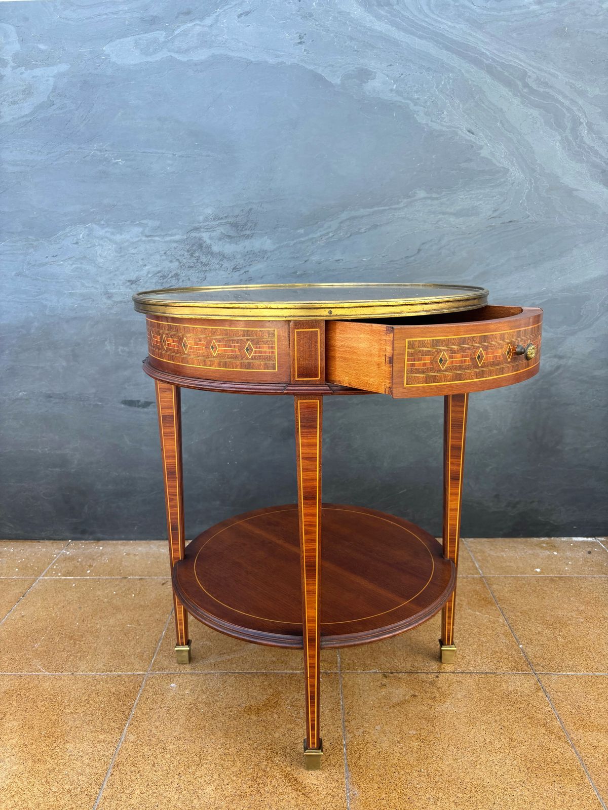 French Louis XVI Style Round Side Table With Marquetry And Drawer, 1930s photo buy