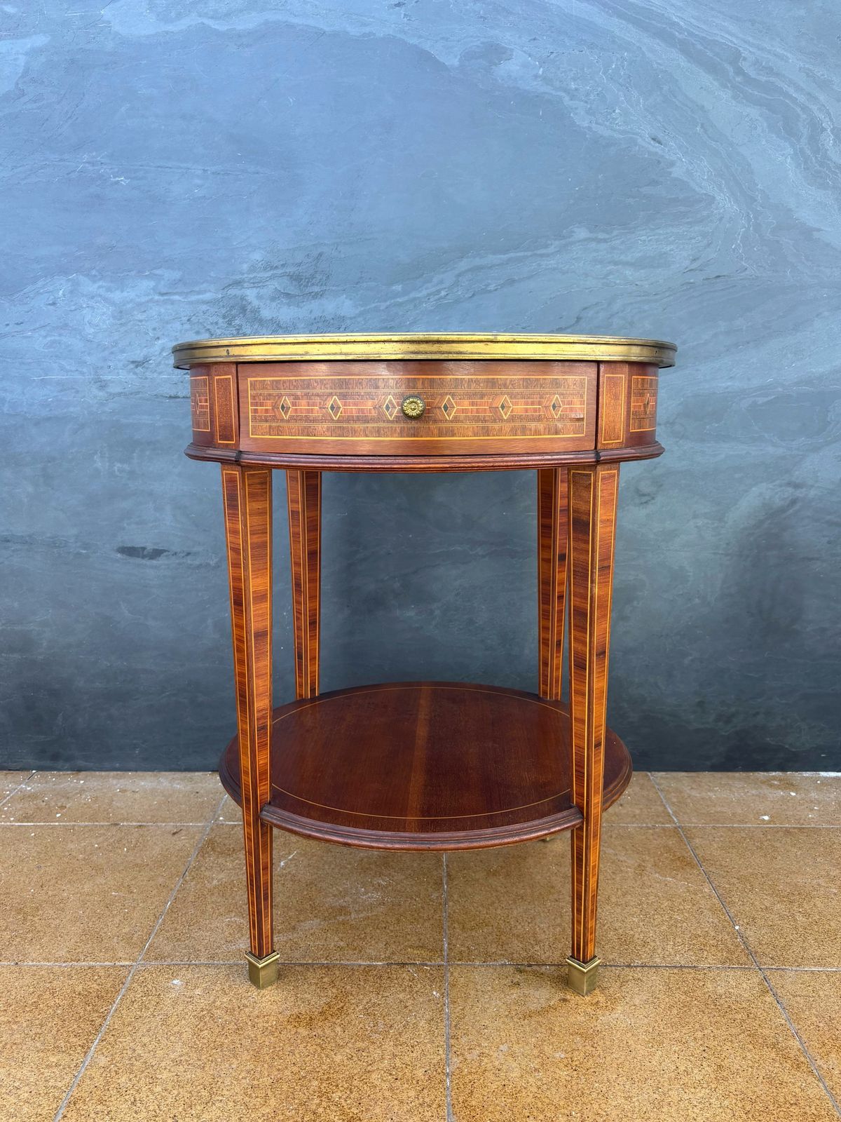 1900.0 French Louis XVI Style Round Side Table With Marquetry And Drawer, 1930s photo