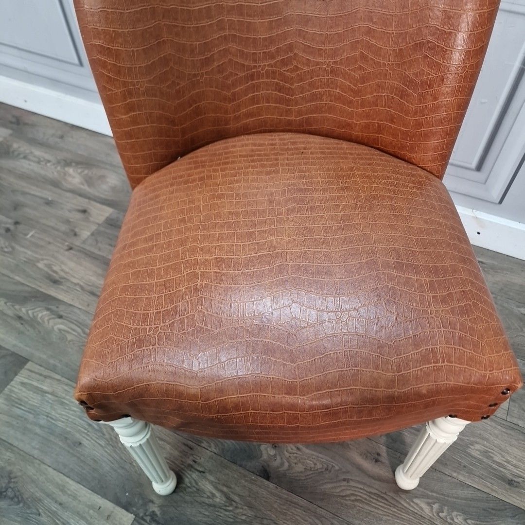 Retro Vintage Side Chair Faux Leather Upholstered – Croc Effect Vinyl Tan Seat photo for sale