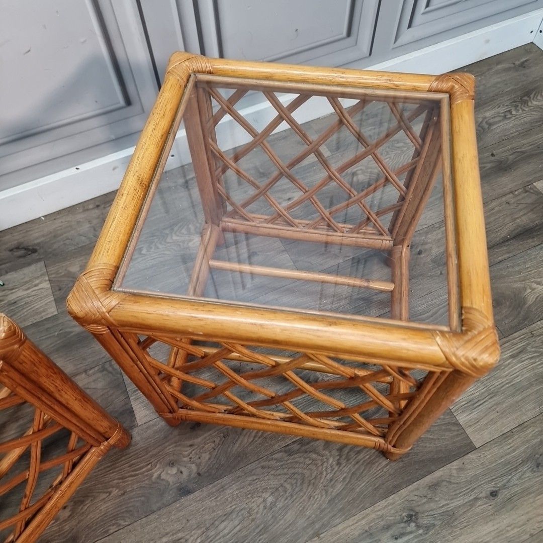 Pair Retro Side Tables Vintage Rattan & Glass Bedside – Boho Coastal Tiki Cane photo 170.0