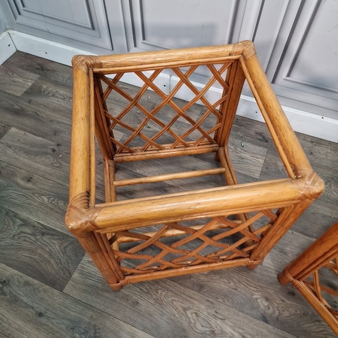 Pair Retro Side Tables Vintage Rattan & Glass Bedside – Boho Coastal Tiki Cane photo buy