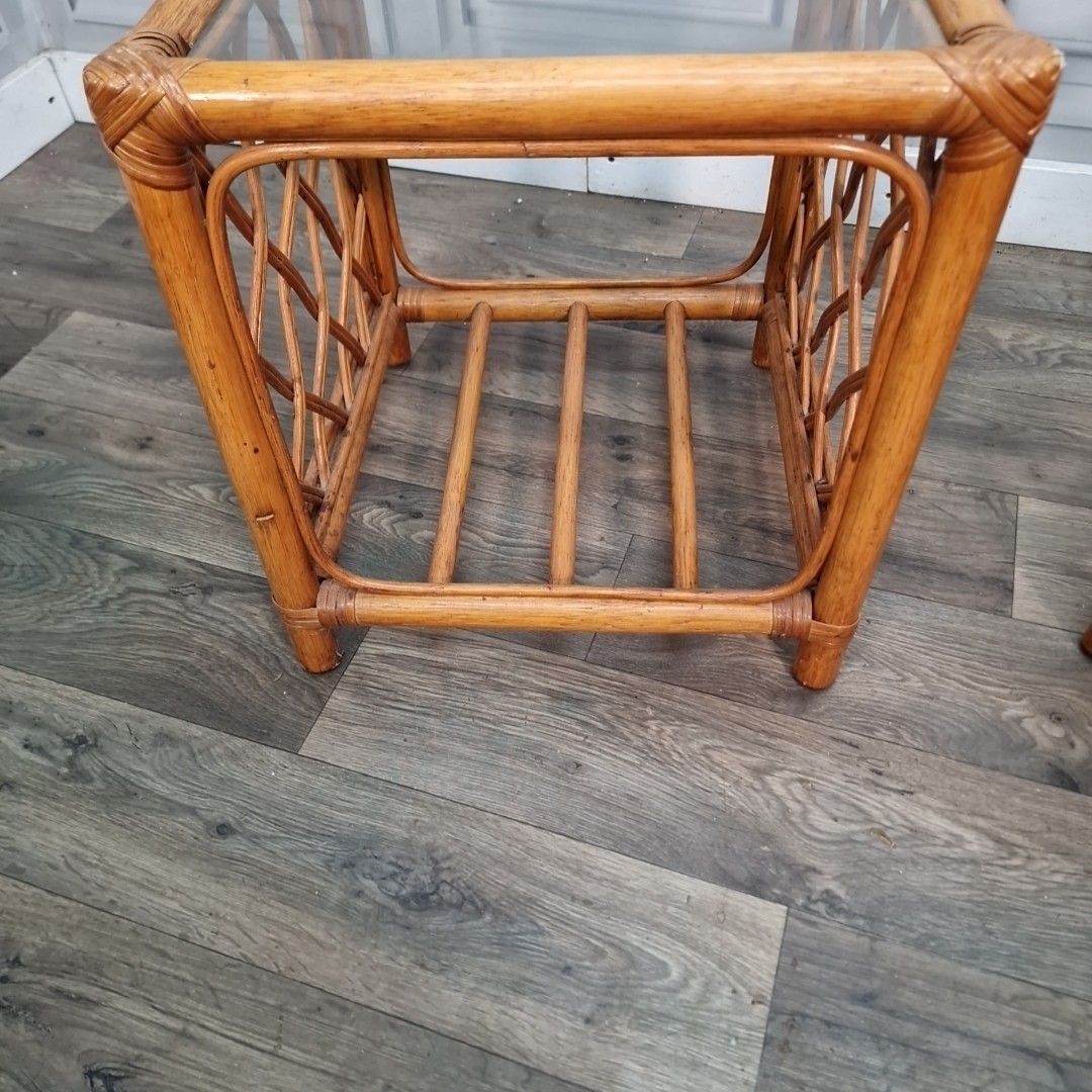170.0 Pair Retro Side Tables Vintage Rattan & Glass Bedside – Boho Coastal Tiki Cane photo