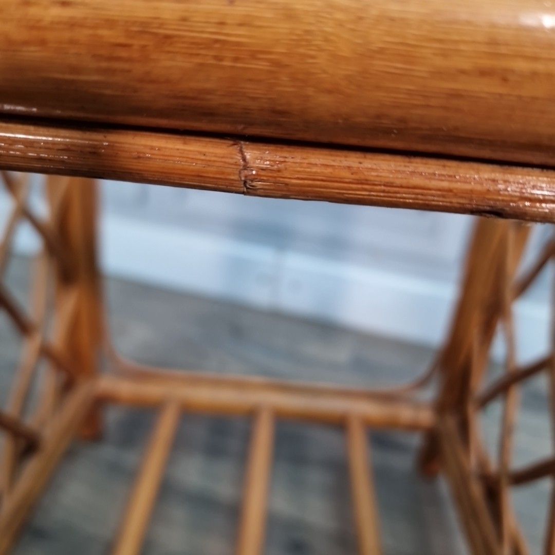 photo vinterior Pair Retro Side Tables Vintage Rattan & Glass Bedside – Boho Coastal Tiki Cane