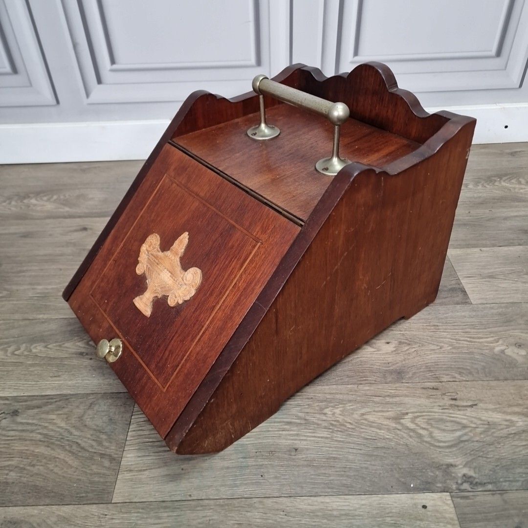 Antique Edwardian Coal Scuttle Cabinet Wooden Fireside Storage Box Wood photo buy