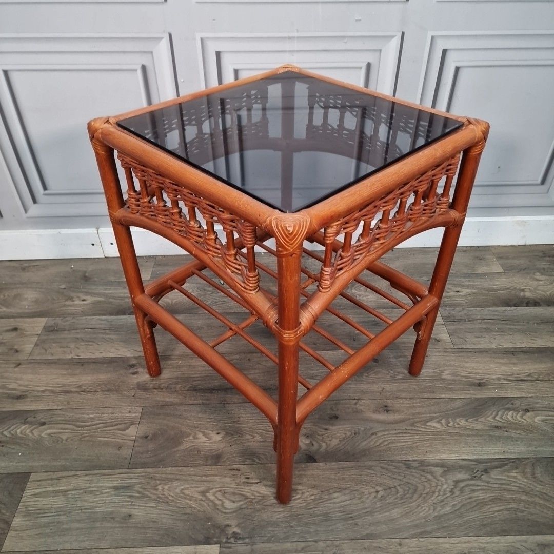 Vintage Bamboo Side Table Smoked Glass Top Coffee – Retro Boho Lamp Plant