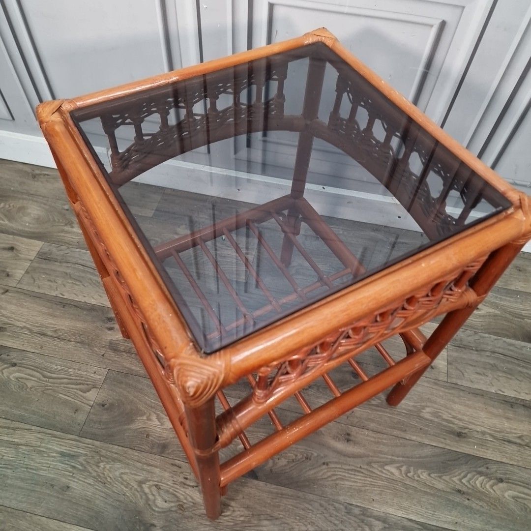 Vintage Bamboo Side Table Smoked Glass Top Coffee – Retro Boho Lamp Plant photo for sale