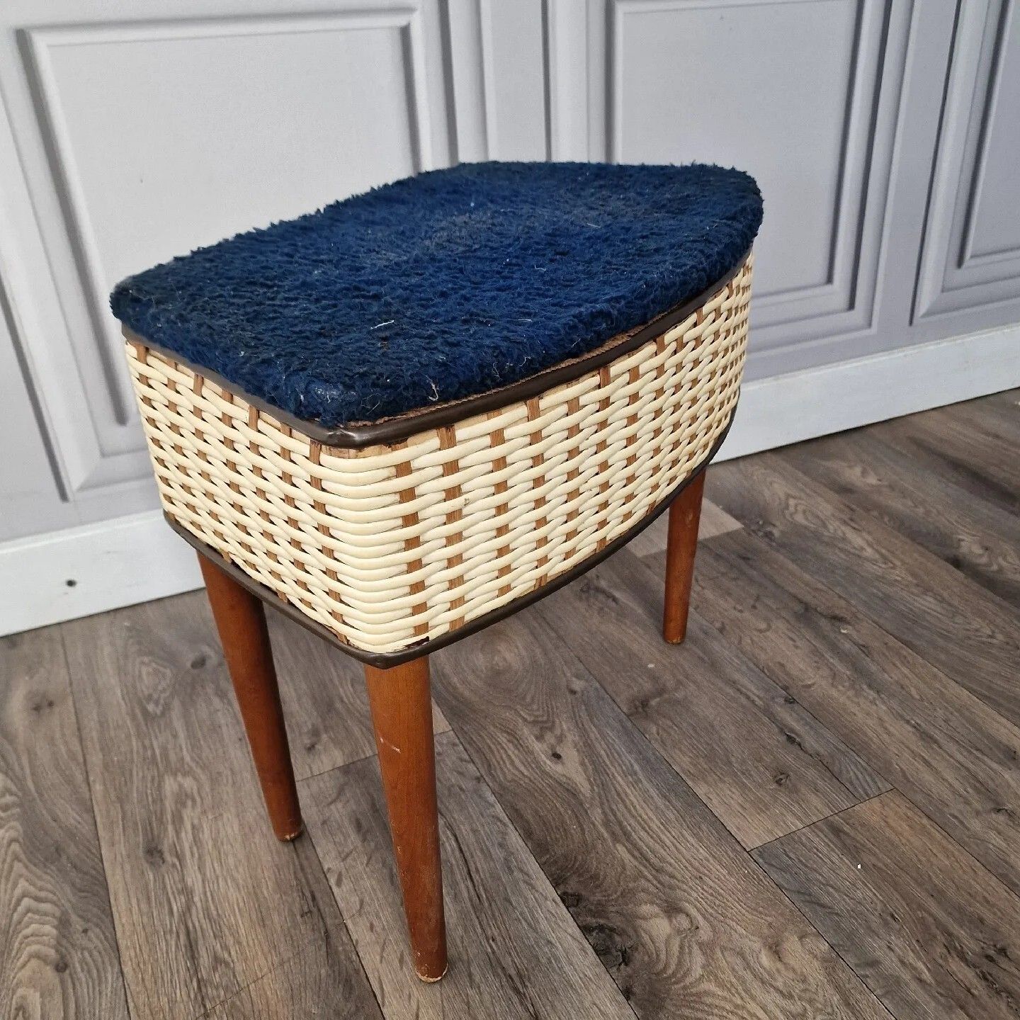 Vintage Sewing Storage Box Foot Stool Ottoman Mid Century Retro Weaved