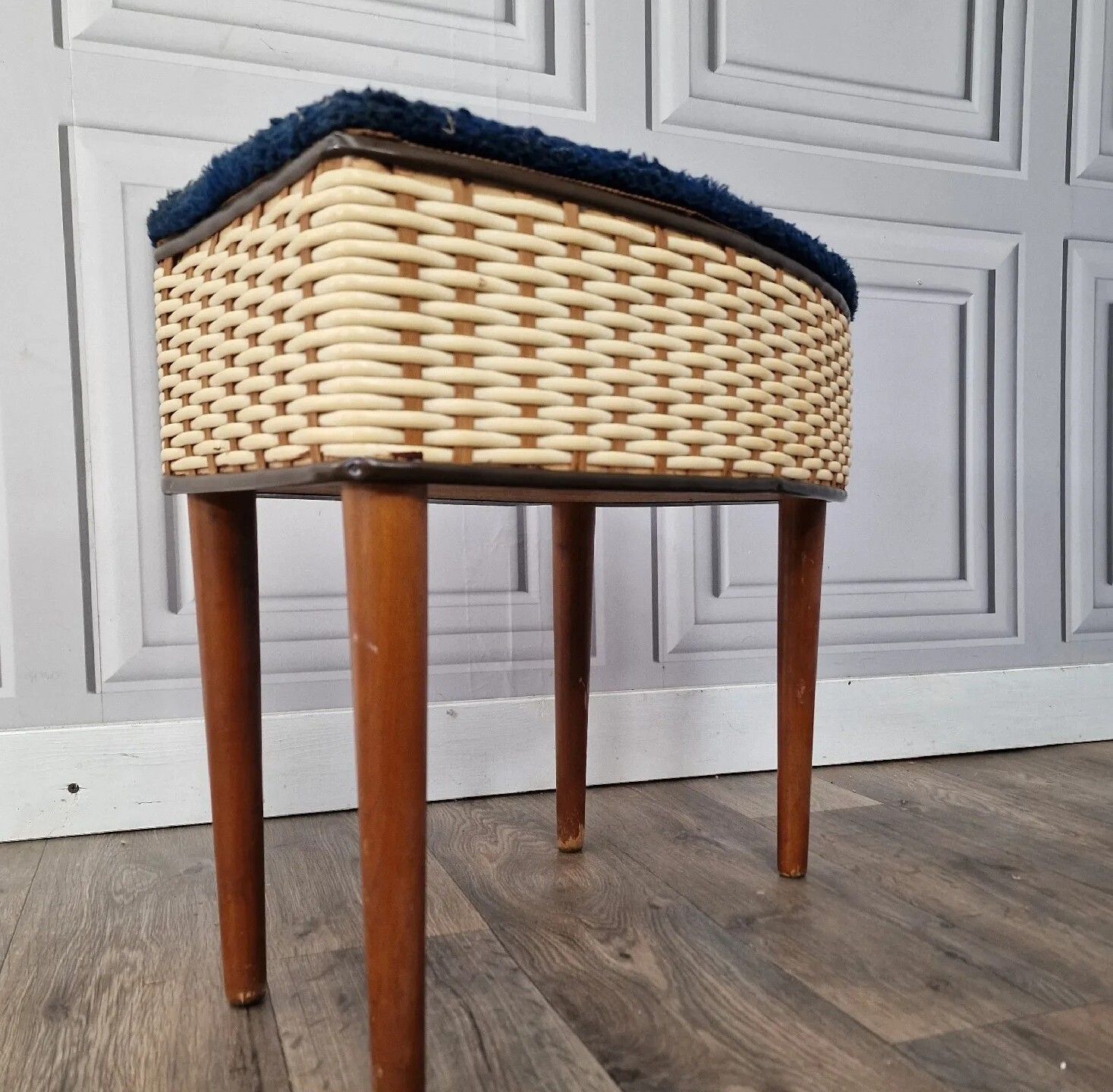 Vintage Sewing Storage Box Foot Stool Ottoman Mid Century Retro Weaved photo furniture