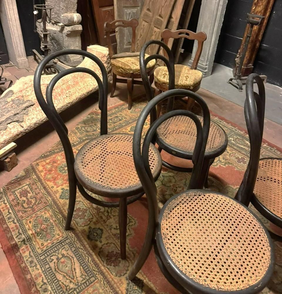 Set 4 Bentwood And Vienna Straw Chairs, J. & J. Khon Brand, Austria photo Furniture