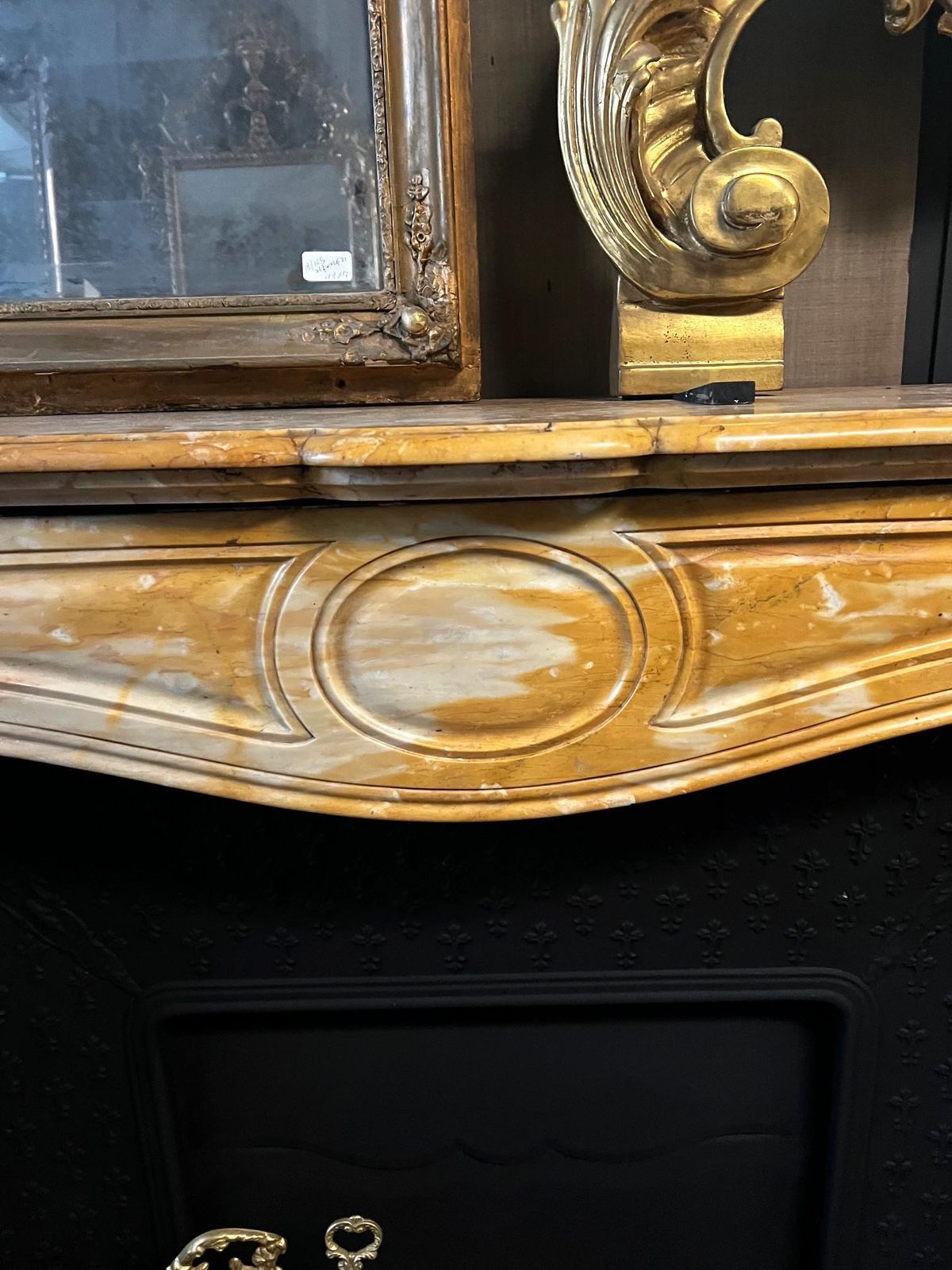 Yellow Marble Fireplace Frame Complete With Black Cast Iron Backsplash, Italy photo vinterior