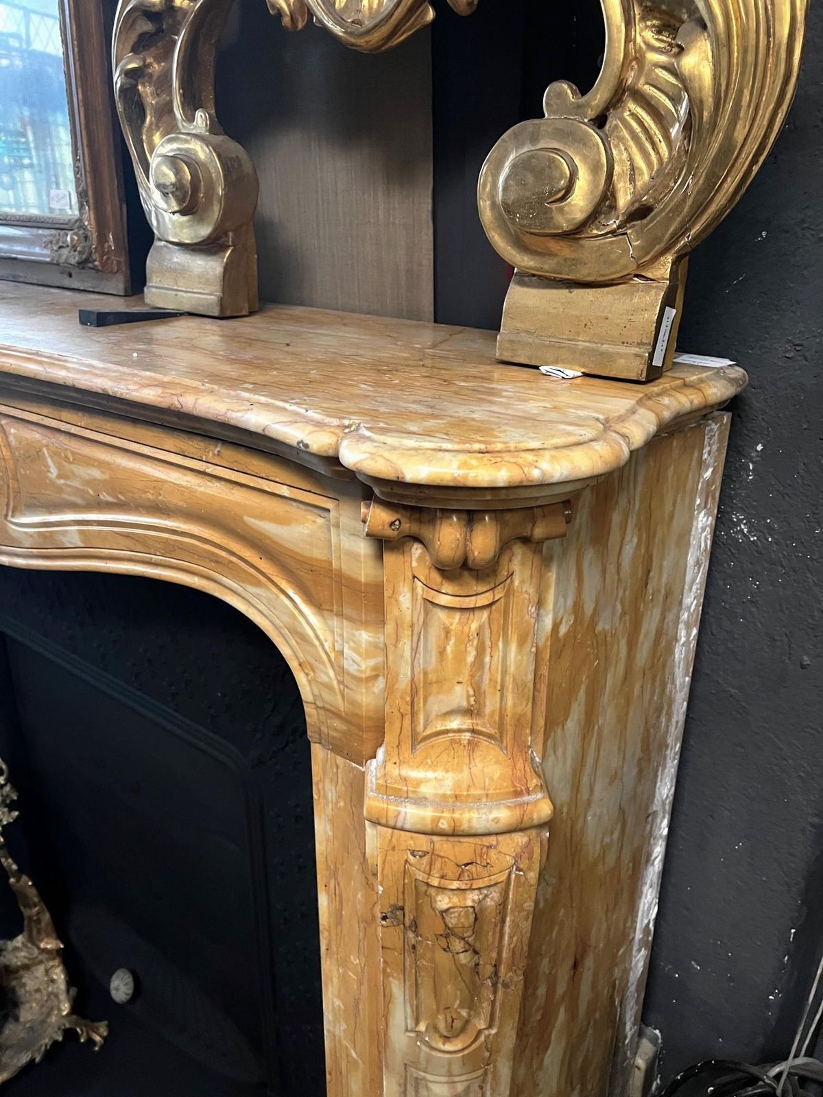 photo for sale Yellow Marble Fireplace Frame Complete With Black Cast Iron Backsplash, Italy