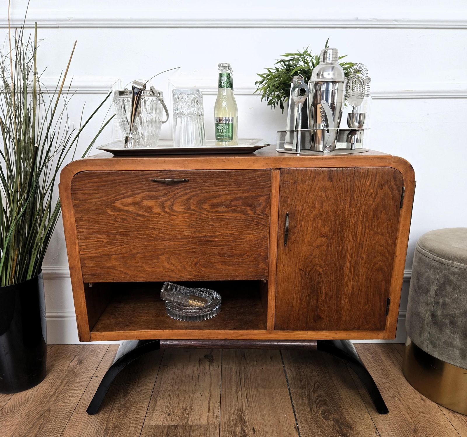 1950s Art Deco Mid Century Italian Walnut Burl And Mirror Mosaic Dry Bar Cabinet photo for sale