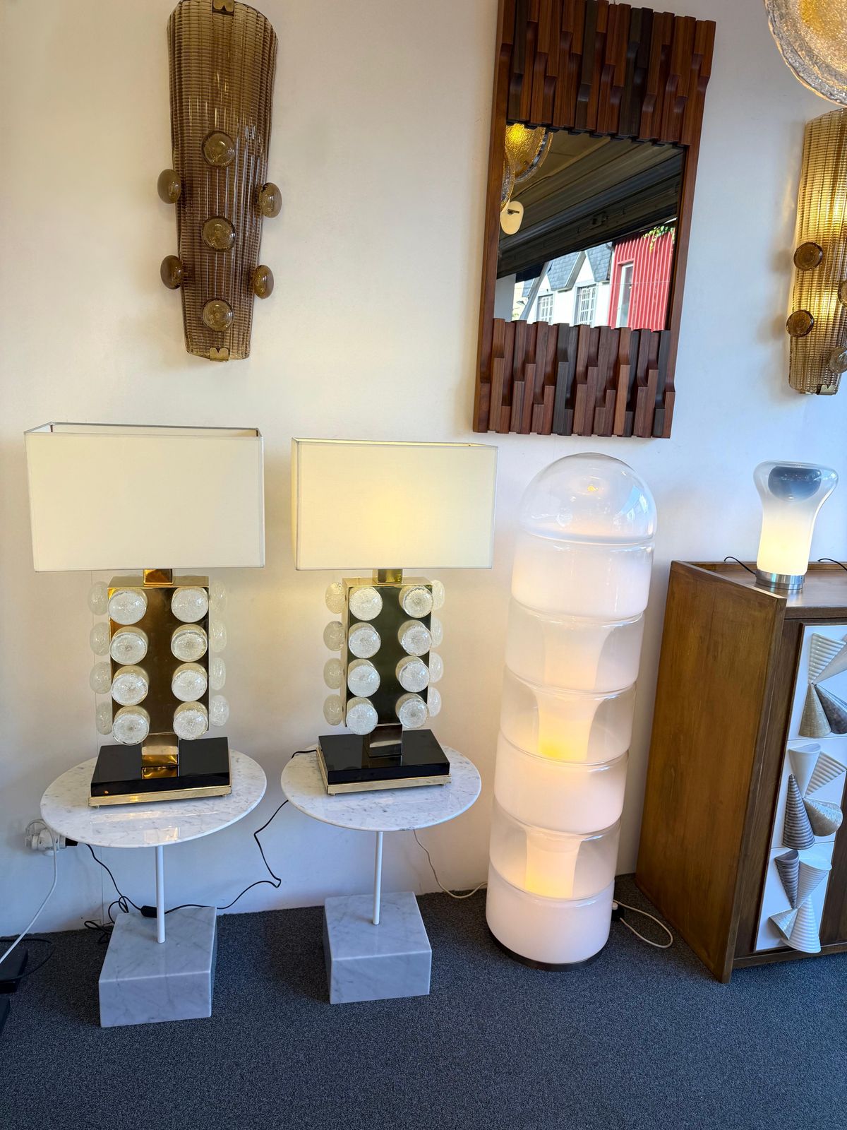 Contemporary Pair Of Brass And Murano Glass Macaroons Lamps, Italy photo furniture