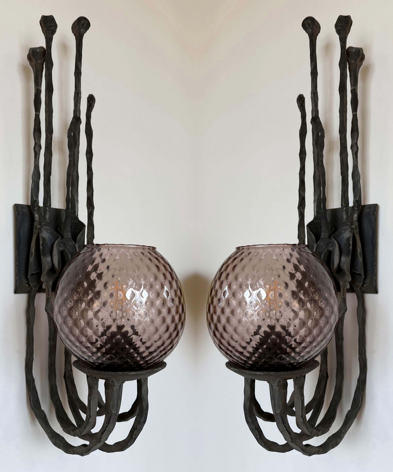 photo buy Pair Of Wrought Iron And Glass Sconces By Pozzebon. Italy, 1970s