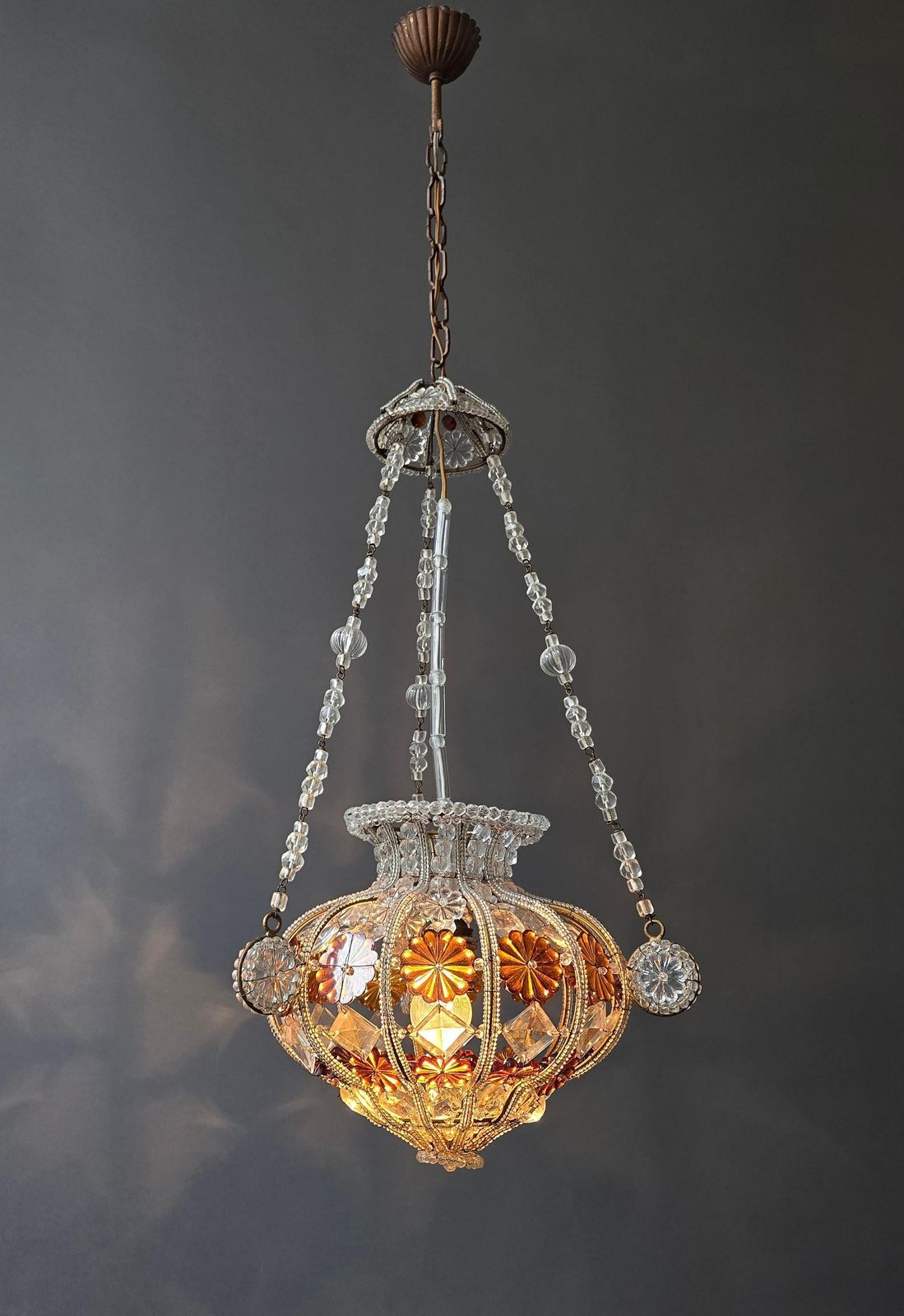 Antique Beaded Glass Chandelier With Amber Floral Elements, Europe, Circa 1920s photo Lighting