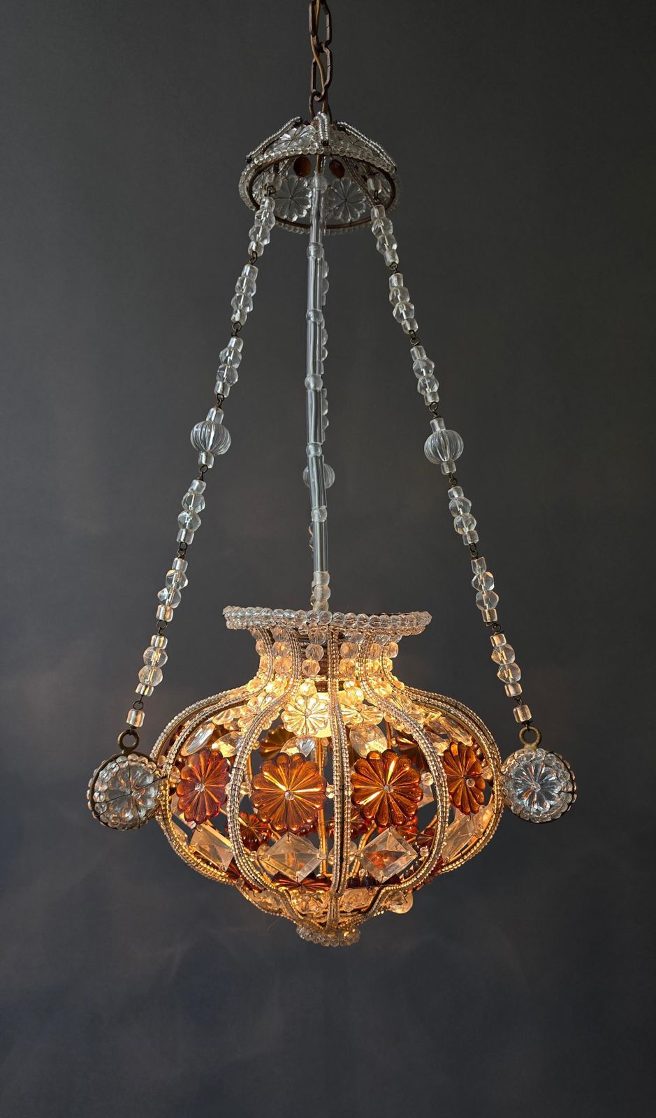 Antique Beaded Glass Chandelier With Amber Floral Elements, Europe, Circa 1920s photo vinterior