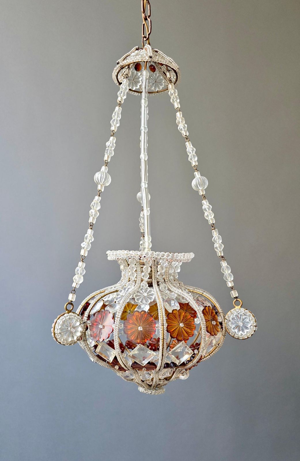 photo for sale Antique Beaded Glass Chandelier With Amber Floral Elements, Europe, Circa 1920s