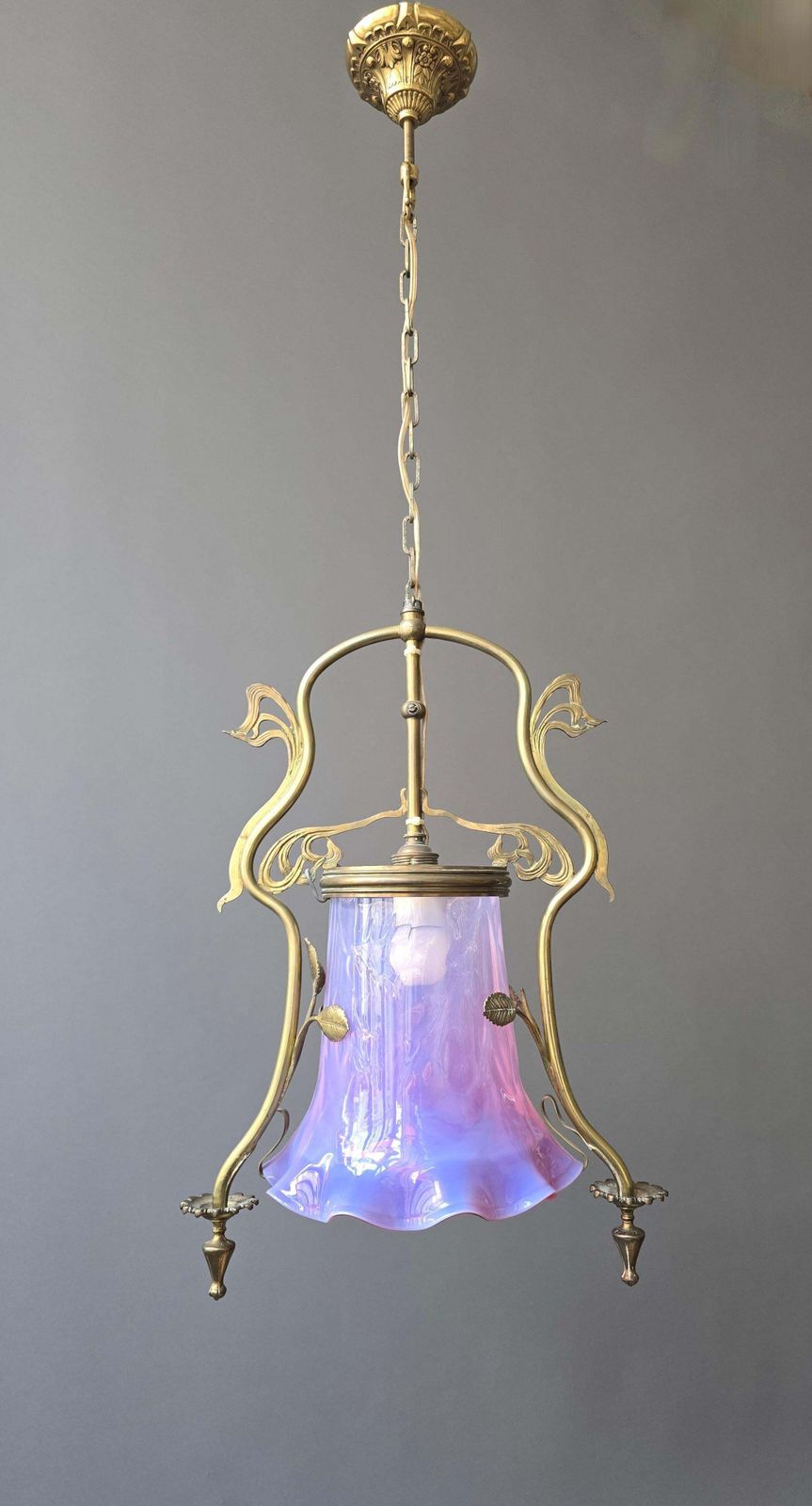 French Art Nouveau Brass Hanging Lantern With Opalescent Glass, Circa 1900 photo for sale