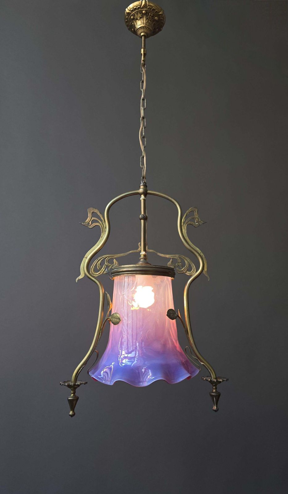 French Art Nouveau Brass Hanging Lantern With Opalescent Glass, Circa 1900 photo Lighting