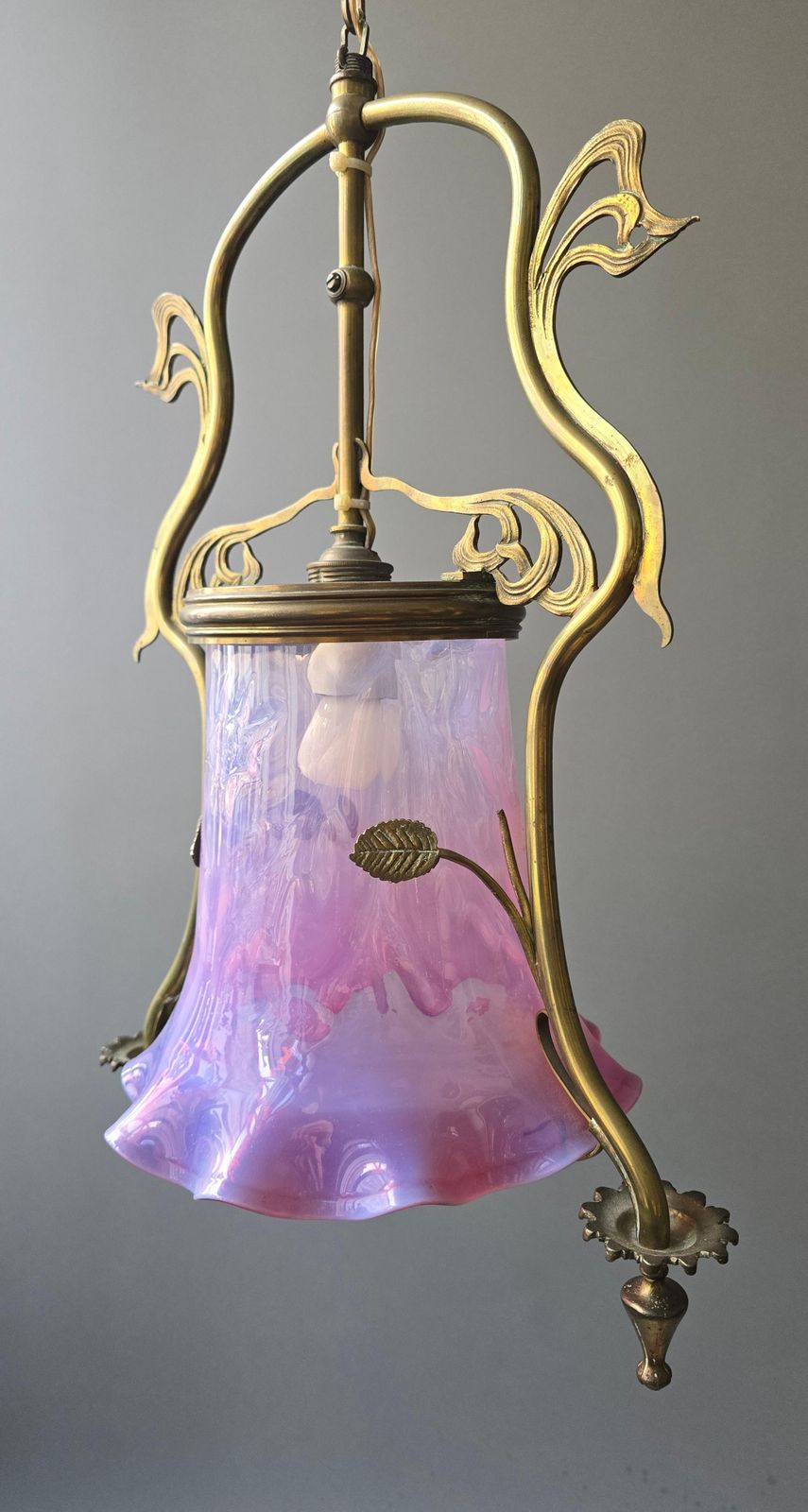 French Art Nouveau Brass Hanging Lantern With Opalescent Glass, Circa 1900 photo vintage