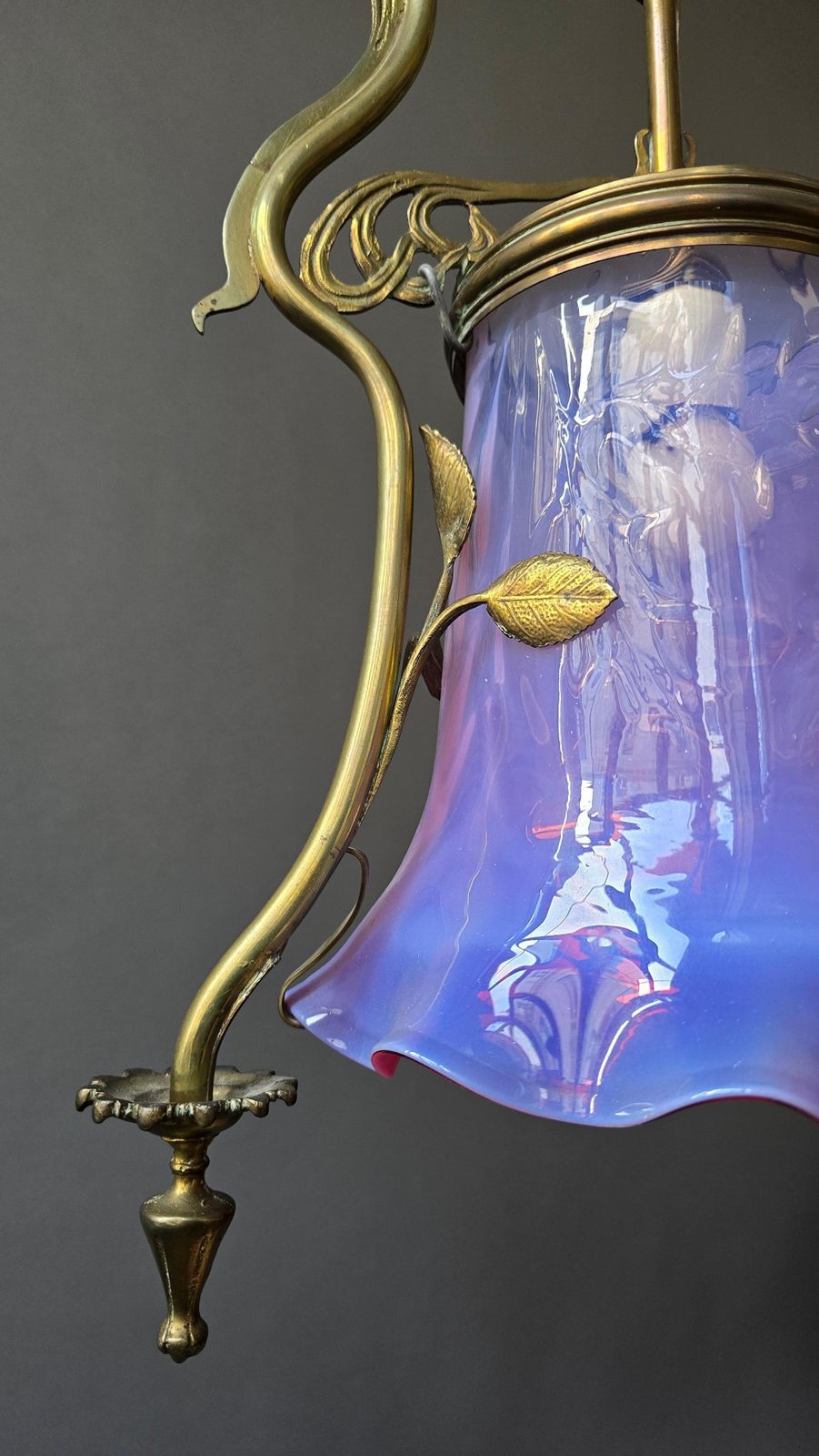 photo furniture French Art Nouveau Brass Hanging Lantern With Opalescent Glass, Circa 1900