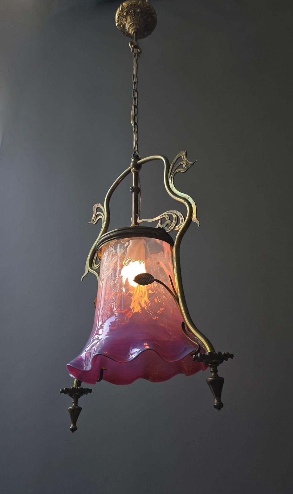 photo for sale French Art Nouveau Brass Hanging Lantern With Opalescent Glass, Circa 1900