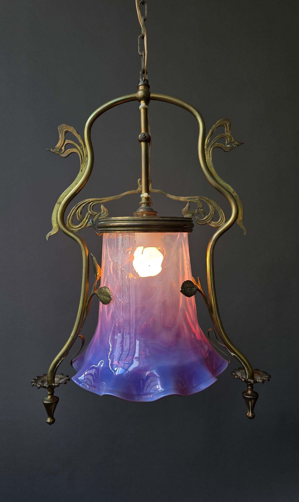 Lighting French Art Nouveau Brass Hanging Lantern With Opalescent Glass, Circa 1900 photo