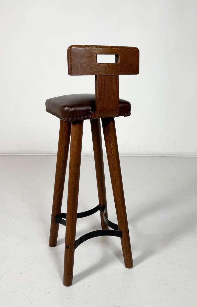Brutalist Bar Stool, Wood And Leather, 1970s   7 Available photo Furniture