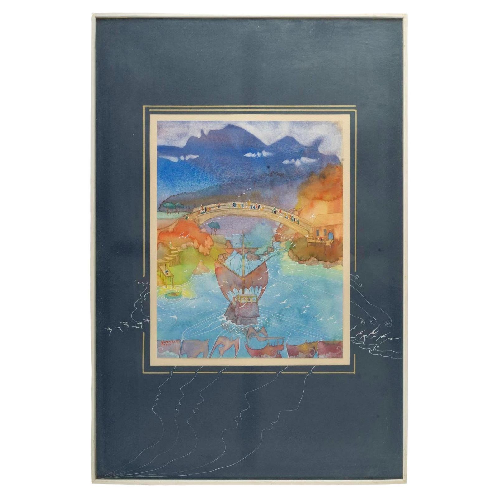 Framed Watercolour Coaster Representing A View Of Asia By Patrick Gannat.