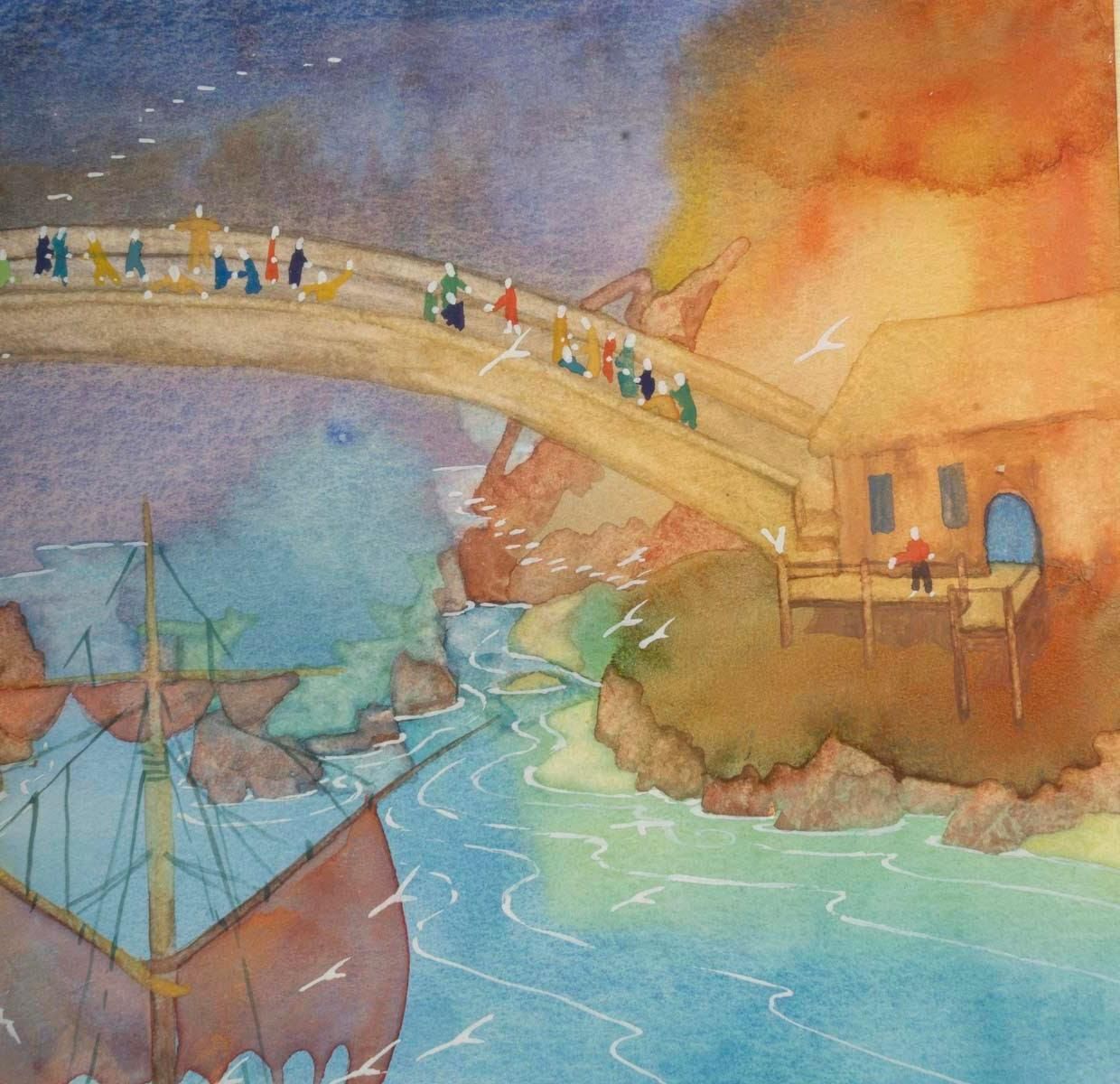 Framed Watercolour Coaster Representing A View Of Asia By Patrick Gannat. photo Art